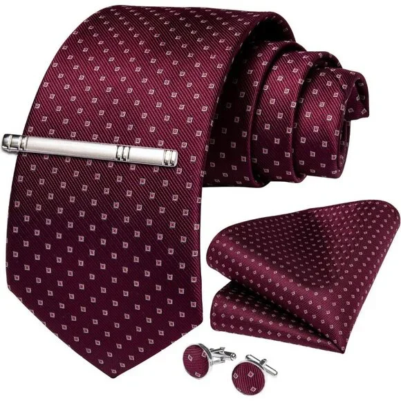 🆕Men Purple Plaid Silk Checkered Necktie Pocket Square Cufflinks Tie Clip Set